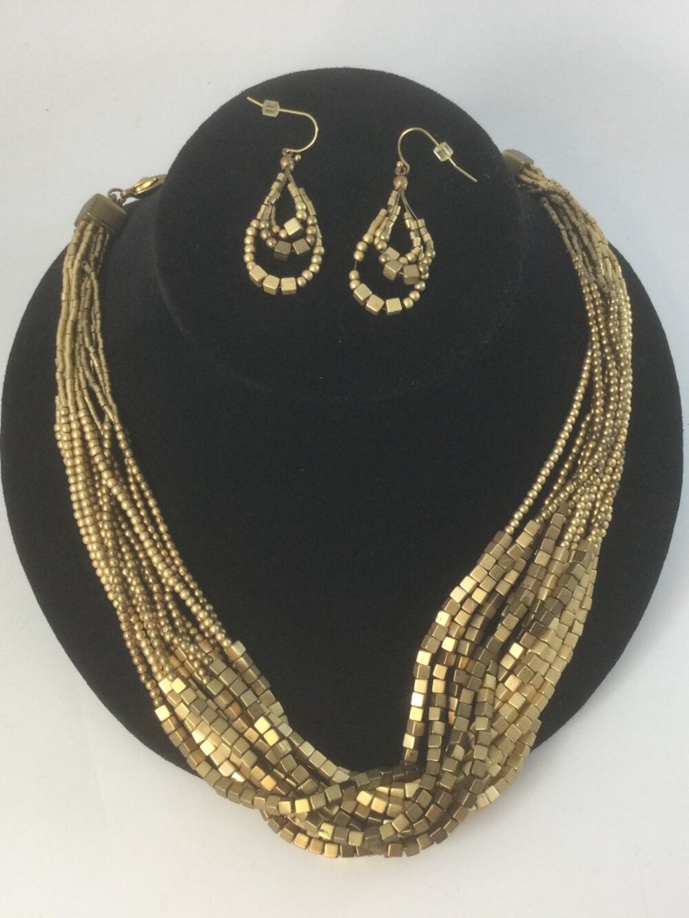 Chico's Metallic Gold Beaded Multistrand Necklace and Earrings
